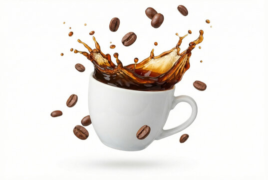 Coffee Cup with Splashing Liquid and Beans