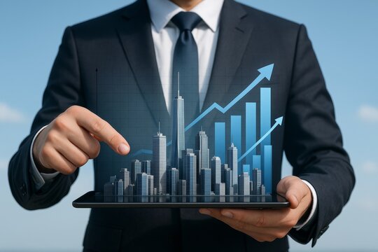 Businessman holding tablet with holographic city and rising bar chart representing urban development and financial growth concept in blue tones. Ai generative