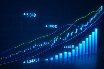 Futuristic stock market chart with glowing candlesticks and rising bar graph on dark background indicating financial growth and investment trends. Ai generative