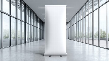 Blank roll-up banner in a modern office hallway