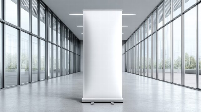 Blank roll-up banner in a modern office hallway
