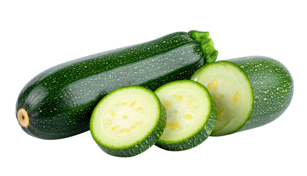 Close-up of green zucchini, one whole, three slices, and one partial with black backdrop