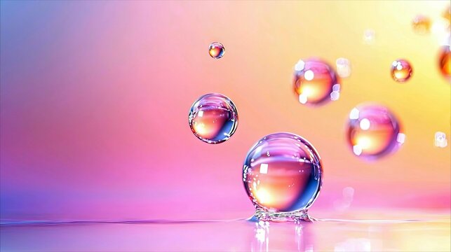 Close-up view of transparent water droplets suspended in the air, reflecting vibrant colors from a pink to yellow gradient background. One droplet sits on a wet - Powered by Adobe