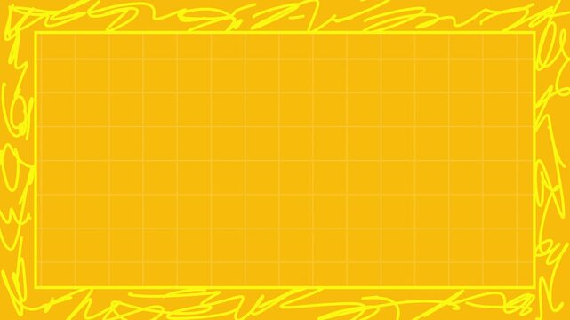 Bright warm orange square grid background center, Thick looping scribble line hand-drawn frame border, Dynamic yellow orange color combination playful abstract effect