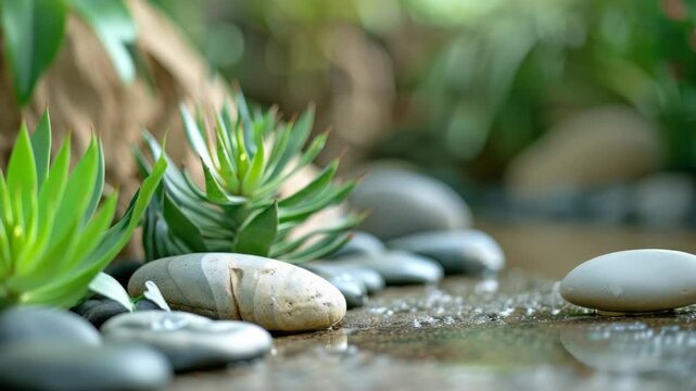 Smooth stones and green plants in peaceful zen garden