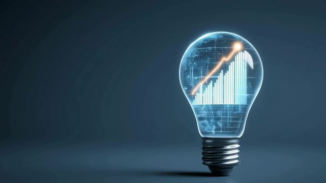 Lightbulb showing an upward trending bar chart and line graph, representing business innovation, copy space