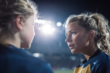 Focused female soccer coach motivating young player during match