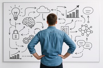 Businessman analyzing complex sketch of ideas and data flow on whiteboard with hand-drawn icons and arrows in strategic planning concept scene. Ai generative