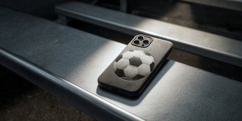 Soccer themed phone case on metallic bench under sunlight