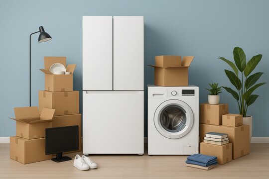 Household appliances, cardboard boxes, and decor items arranged in a modern interior with blue wall background, concept of moving or relocation. Ai generative