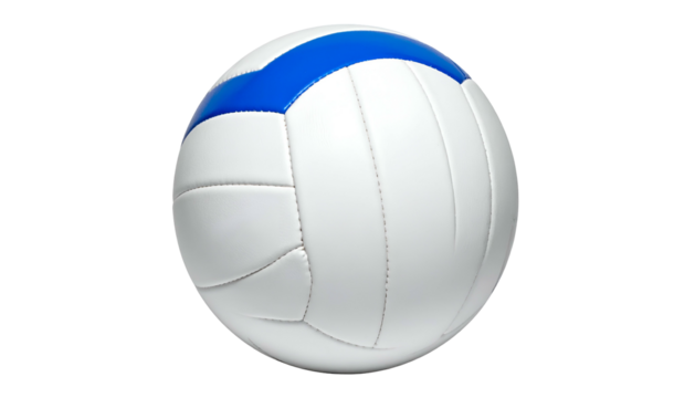 A white and blue volleyball, isolated on a black background, with detailed stitching