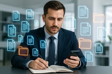 Businessman using smartphone and writing notes surrounded by floating digital document icons in modern office environment with futuristic interface.. Ai generative