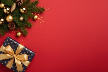 Beautiful holiday arrangement featuring a gift with golden ribbon, ornaments and fir branches creating a perfect festive atmosphere for Merry Christmas and New Year celebration.