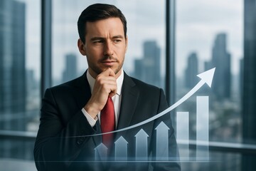 Thoughtful businessman in suit analyzing financial growth with upward chart overlay in modern office with city view in background. Ai generative. Ai generative