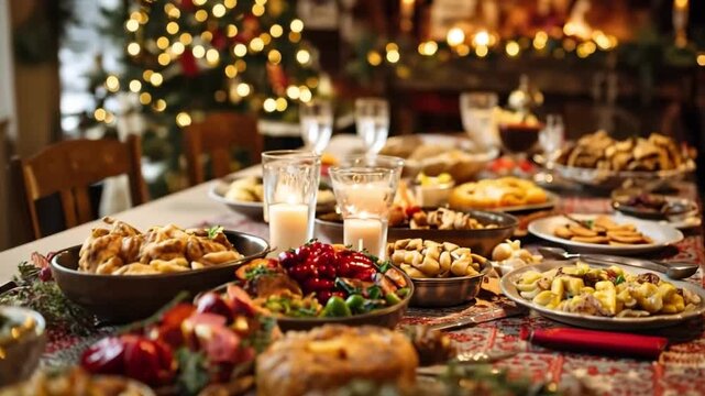 Festive table set with traditional holiday dishes during a christmas celebration