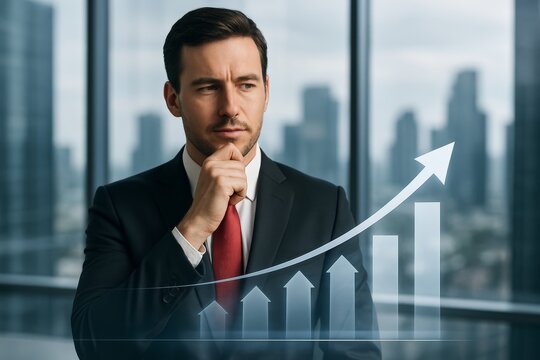 Thoughtful businessman in suit analyzing financial growth with upward chart overlay in modern office with city view in background. Ai generative. Ai generative