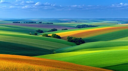 Obraz premium Vast, rolling hills with vibrant green and golden fields, divided by trees, under a bright blue sky with scattered clouds. The landscape shows agricultural patt