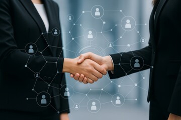 Business professionals shaking hands with network icons overlayed, symbolizing corporate partnership and digital collaboration concept on blurred background. Ai generative