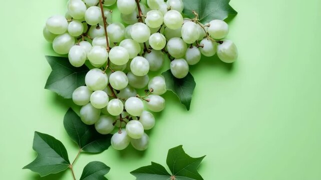 Green grapes and leaves creating a border on a pastel green background with copy space