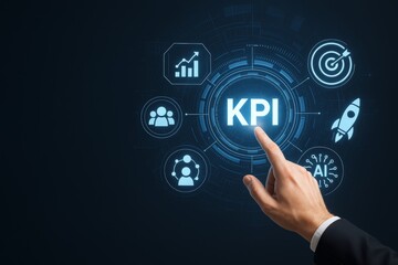 Businessman hand touching glowing KPI icon surrounded by digital icons like AI, growth, and target on futuristic dark background interface screen. Ai generative