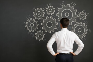 Businessman looking at chalk-drawn gears on blackboard symbolizing strategy, teamwork, and innovation in business process management concept. Ai generative