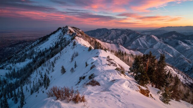 Snow covered mountain ridge at sunset with pink and purple clouds image