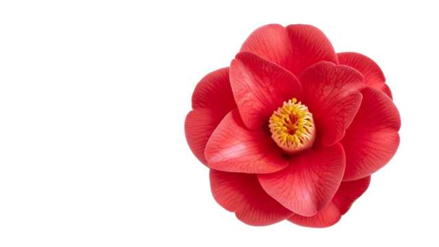 Vivid camellia japonica bloom exhibiting striking red petals and golden yellow center on minimalist white backdrop