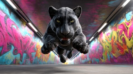 A striking image of a sleek black panther in mid-leap inside a colorful graffiti tunnel.