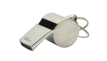 Close-up of a shiny, metallic, whistle with a split ring for carrying, on a black background