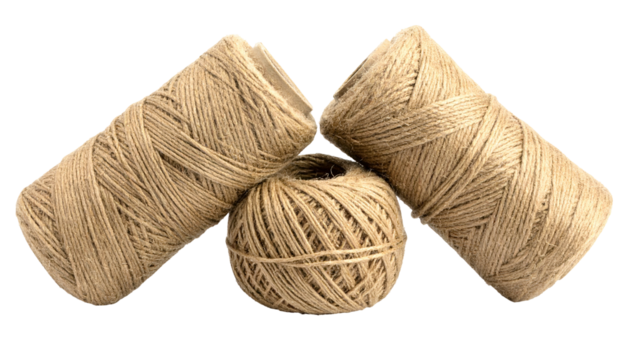 Three spools of natural, brown twine, one spherical, two angled, against a black backdrop