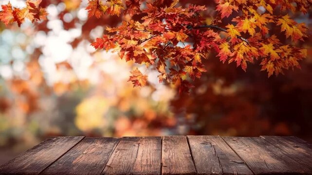 Empty rustic wooden table with vibrant fall leaves and bokeh light in the background