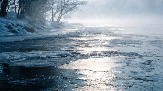 Frozen riverbank with ice floes and mist on water winter - Powered by Adobe