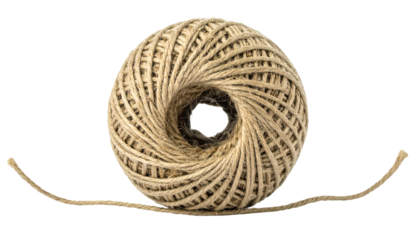 Close-up of a tightly wound, beige twine ball with two strands extending outwards