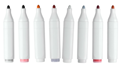 A row of eight colorful chisel-tipped markers, each capped, in shades from black to orange