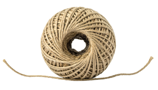 Close-up of a tightly wound, beige twine ball with two strands extending outwards