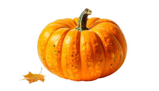 Close-up of a vibrant orange pumpkin, textured with subtle spots, with a fallen leaf