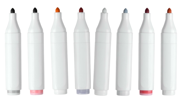 A row of eight colorful chisel-tipped markers, each capped, in shades from black to orange