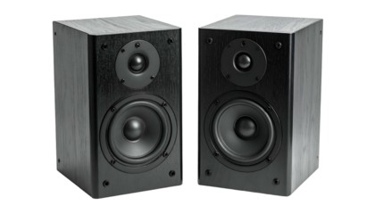 Pair of black wooden loudspeakers facing forward against a transparent background
