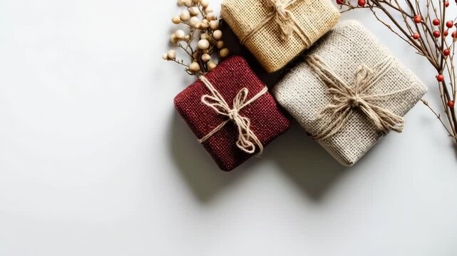 Three natural burlap gift boxes with twine on a white background with berries, copy space