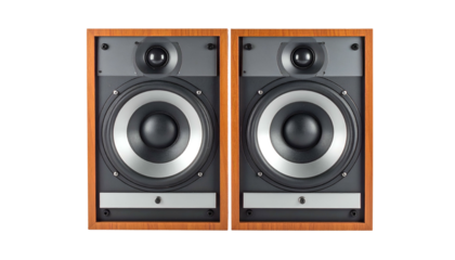 Pair of vintage-style audio speakers with wooden frames and black/silver speaker cones