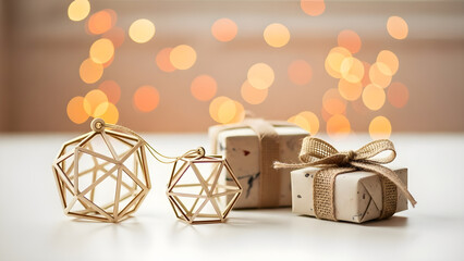 Festive holiday arrangement with geometric ornaments and wrapped gifts on a white surface.