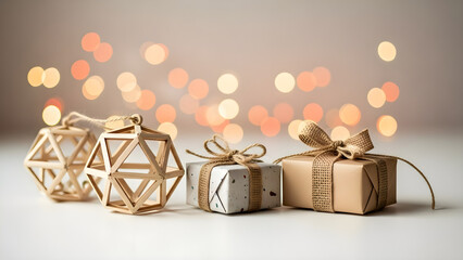 Festive arrangement featuring geometric ornaments and wrapped gifts with bokeh background.