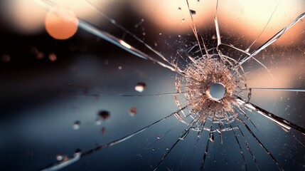 Close-up of a cracked and broken glass surface with a central hole, reflecting warm bokeh lights in the background. The damage creates a starburst pattern radia