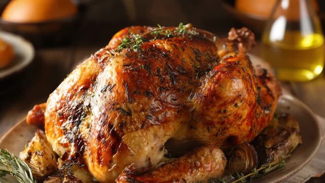 Roast chicken with rosemary and thyme on a platter, served with roasted potatoes