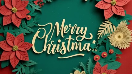 Papercraft merry christmas greeting card with poinsettias and holiday foliage on a red and green background - Powered by Adobe