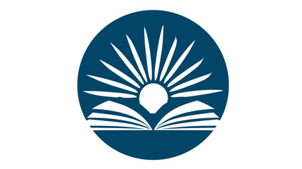 A stylized graphic featuring an open book and a sunburst within a navy blue circle