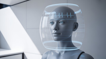 Advanced AI human-like robot head with transparent data visualization helmet
