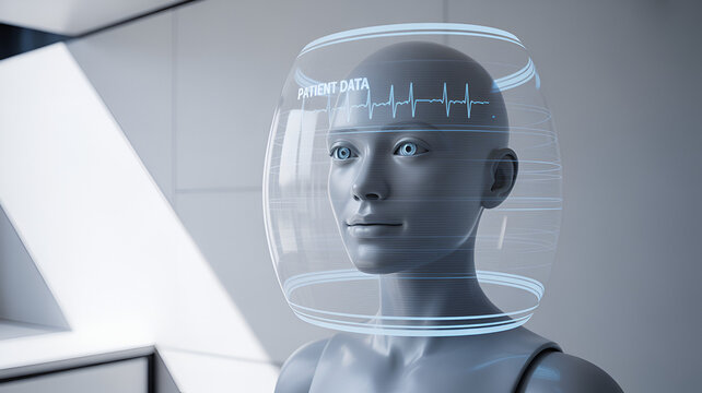 Advanced AI human-like robot head with transparent data visualization helmet