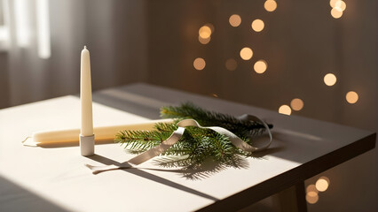 Two cream candles with fir branches and ribbon on a white table with bokeh.