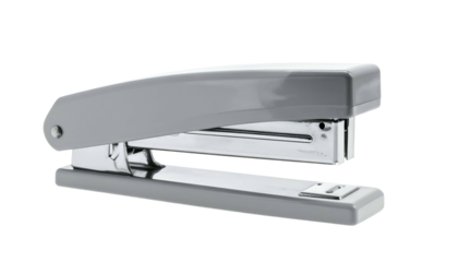 Glossy gray stapler, slightly angled, on black background, showcasing its metal and plastic parts